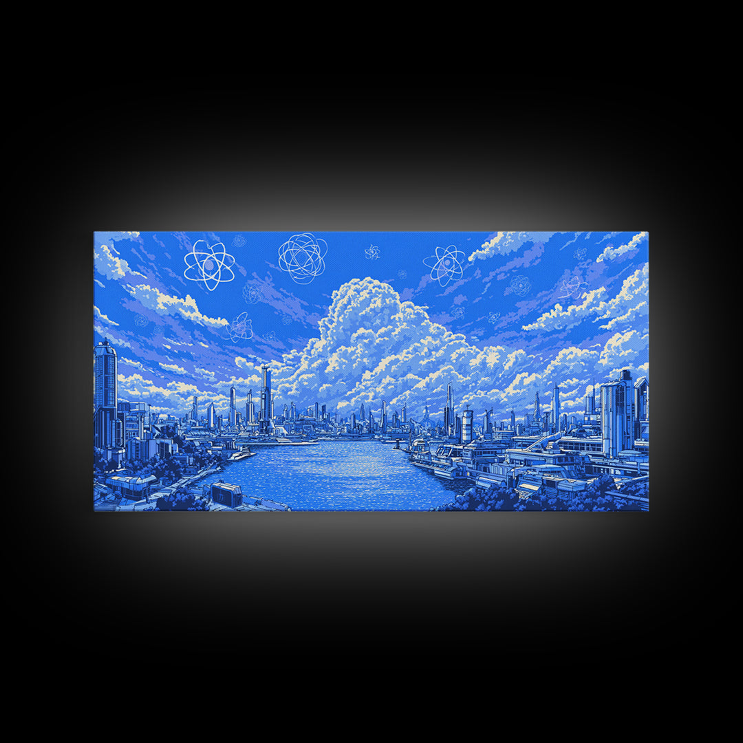 Blue Futuristic Harbor City With Atomic Clouds Wall Art, Modern Art Print, Midcentury Decor, Sci Fi Living Room Poster Gift