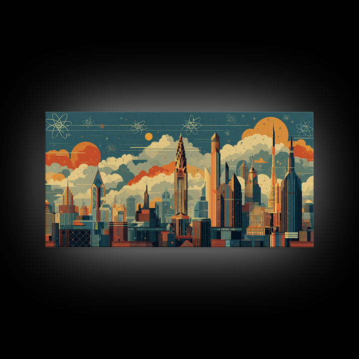 Retro Atomic Skyscraper City At Orange Sun Canvas Print, Midcentury Modern Wall Art, Space Age Skyline Office Decor Poster