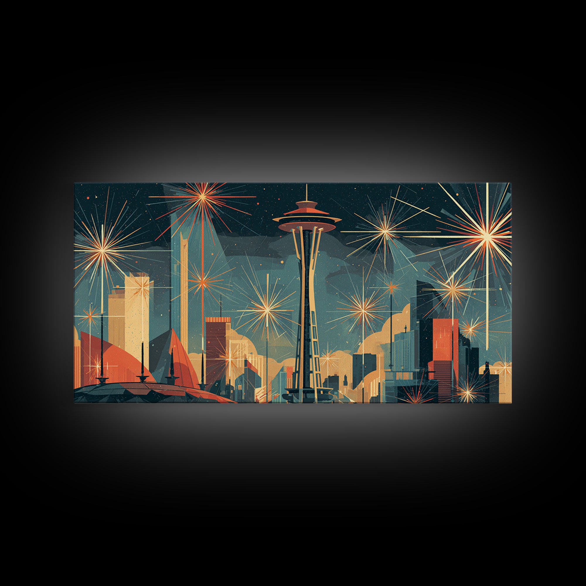 Seattle Space Needle Starburst Skyline Wall Art, Midcentury Modern Art Print, Retro Atomic Cityscape Office Decor Poster