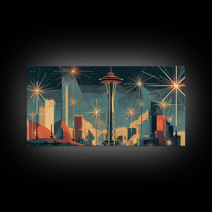 Seattle Space Needle Starburst Skyline Wall Art, Midcentury Modern Art Print, Retro Atomic Cityscape Office Decor Poster