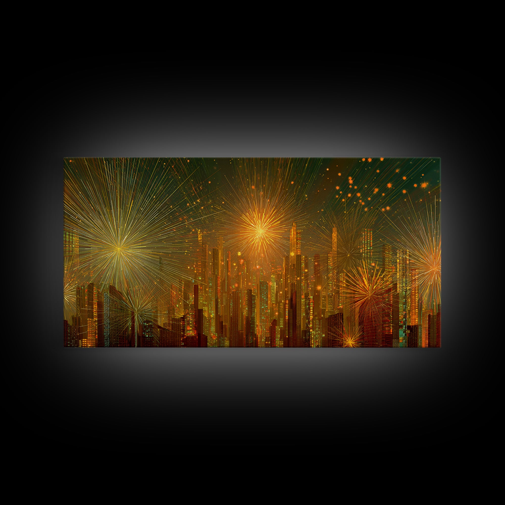 Golden Fireworks Futuristic City Skyline Framed Canvas Print, Modern Wall Art, Midcentury Retro Decor, Large Statement Poster