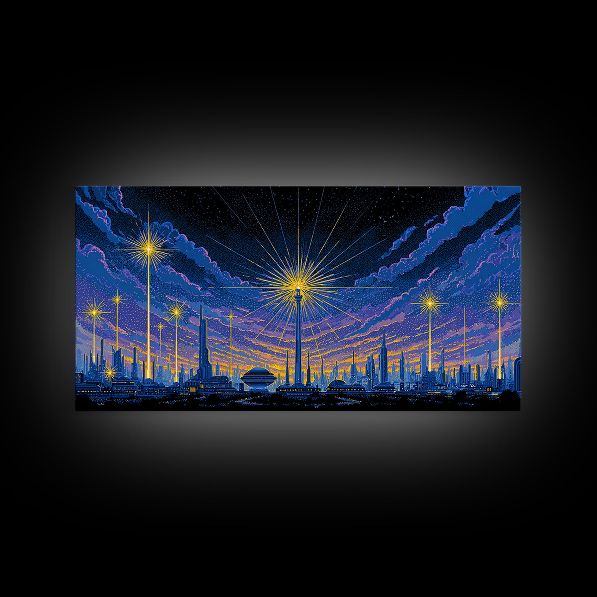 Blue Purple Night Skyline With Starburst Lights Canvas Print, Retro Sci Fi Wall Art, Midcentury Modern Cityscape Decor Poster