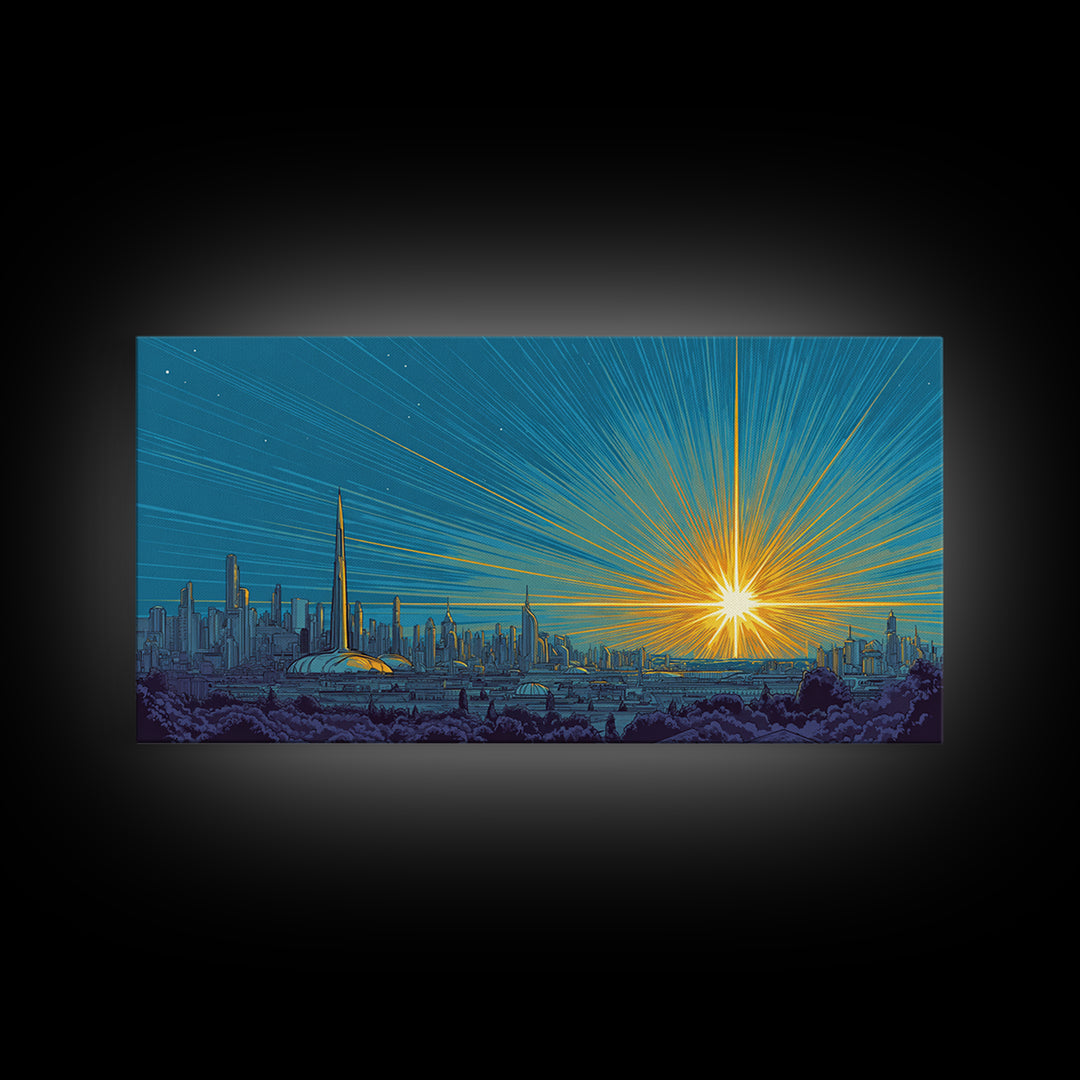 Futuristic Skyline Sunrise With Golden Rays, Mid Century Modern Wall Art, Retro Sci Fi Cityscape Print, Living Room Decor