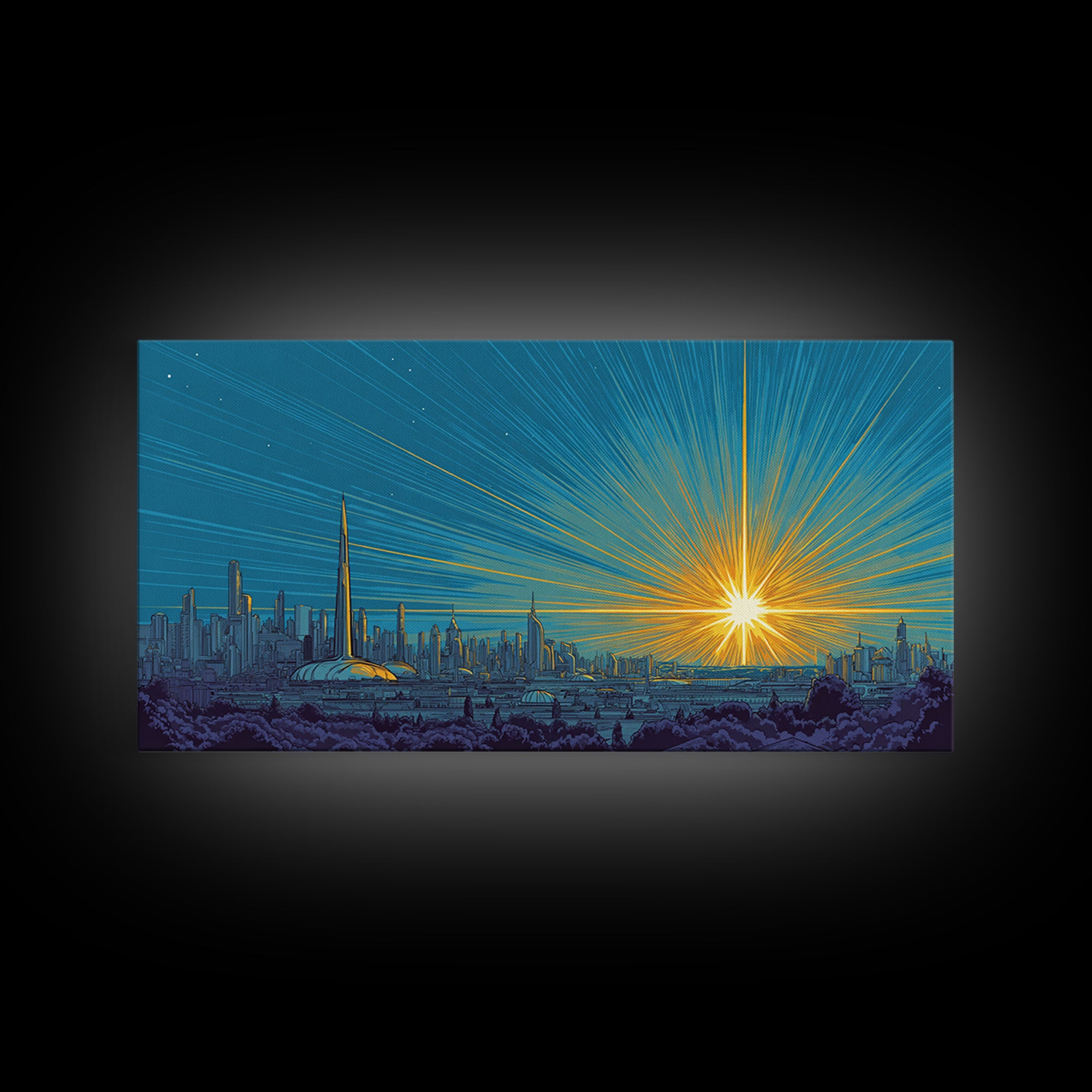Futuristic Skyline Sunrise With Golden Rays, Mid Century Modern Wall Art, Retro Sci Fi Cityscape Print, Living Room Decor