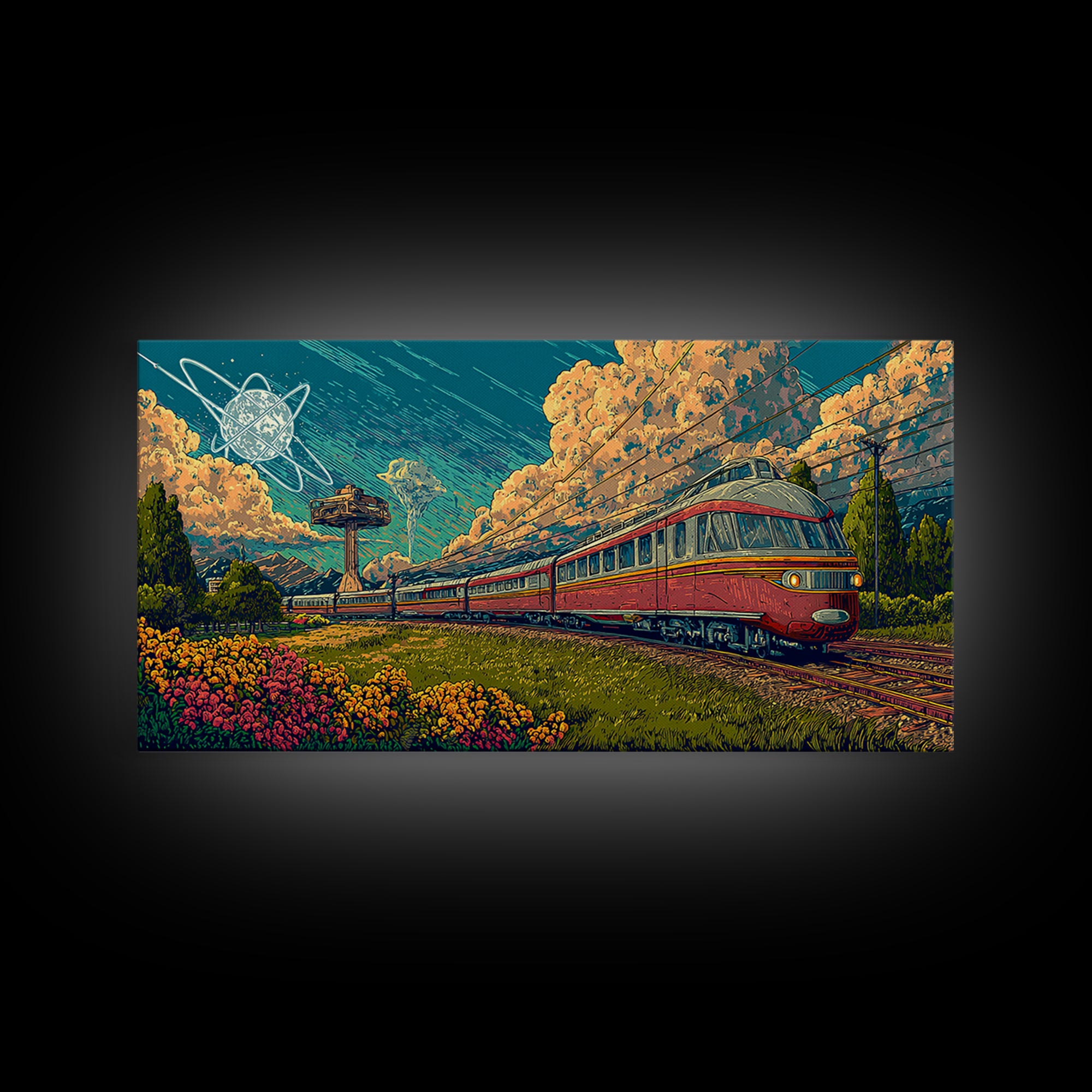 Red Passenger Train Through Flower Fields, Mid Century Modern Wall Art, Retro Travel Poster, Scenic Landscape Decor Print