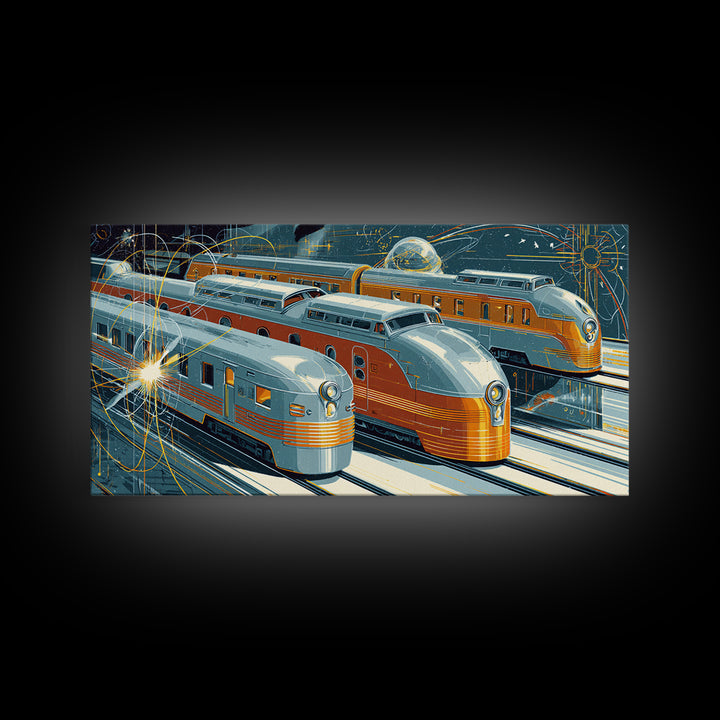 Silver Gold Futuristic Streamliner Trains, Mid Century Modern Wall Art, Atomic Railroad Poster, Retro Transportation Decor
