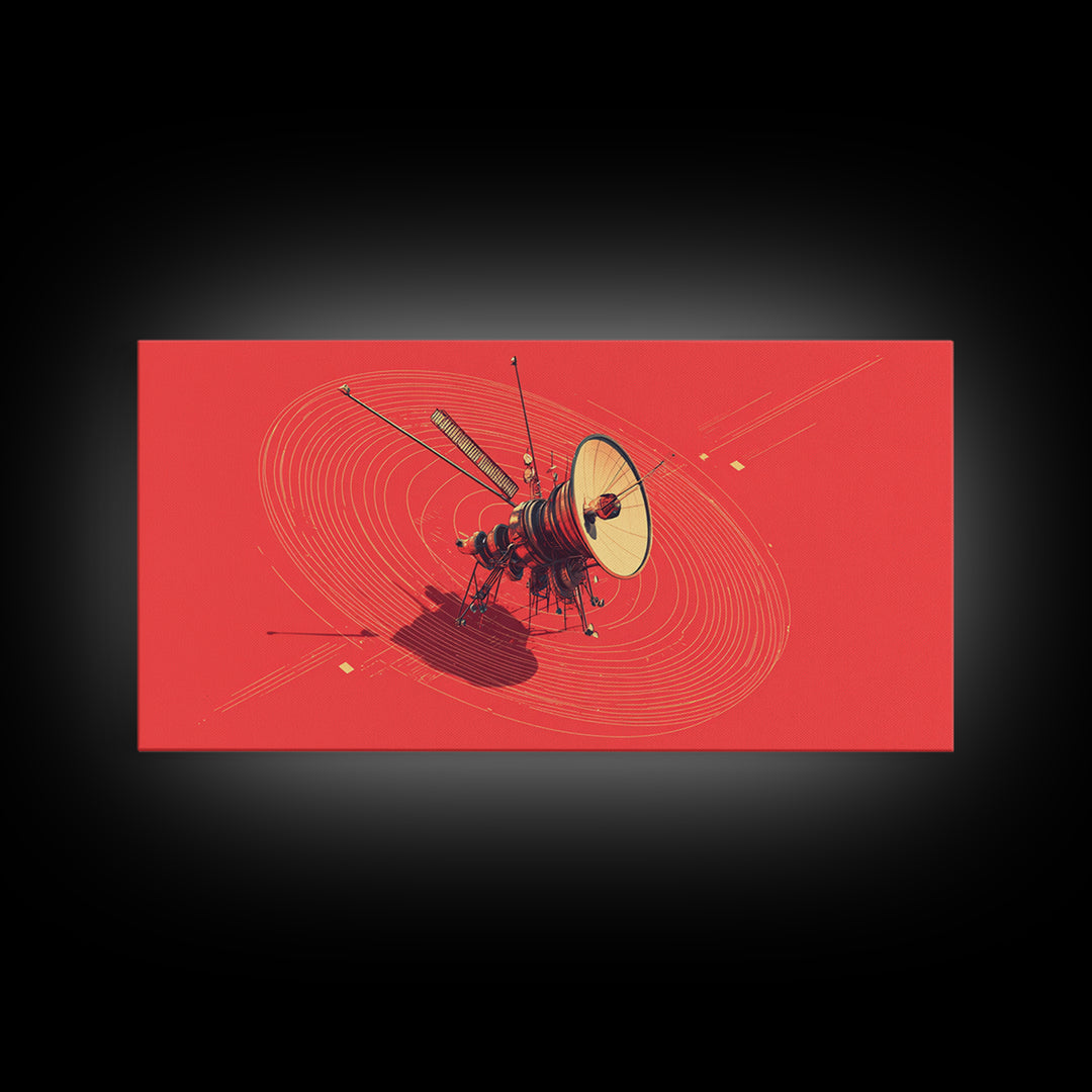Red Space Probe With Orbital Rings, Mid Century Modern Wall Art, Retro Sci Fi Satellite Poster, Minimalist Space Decor Print