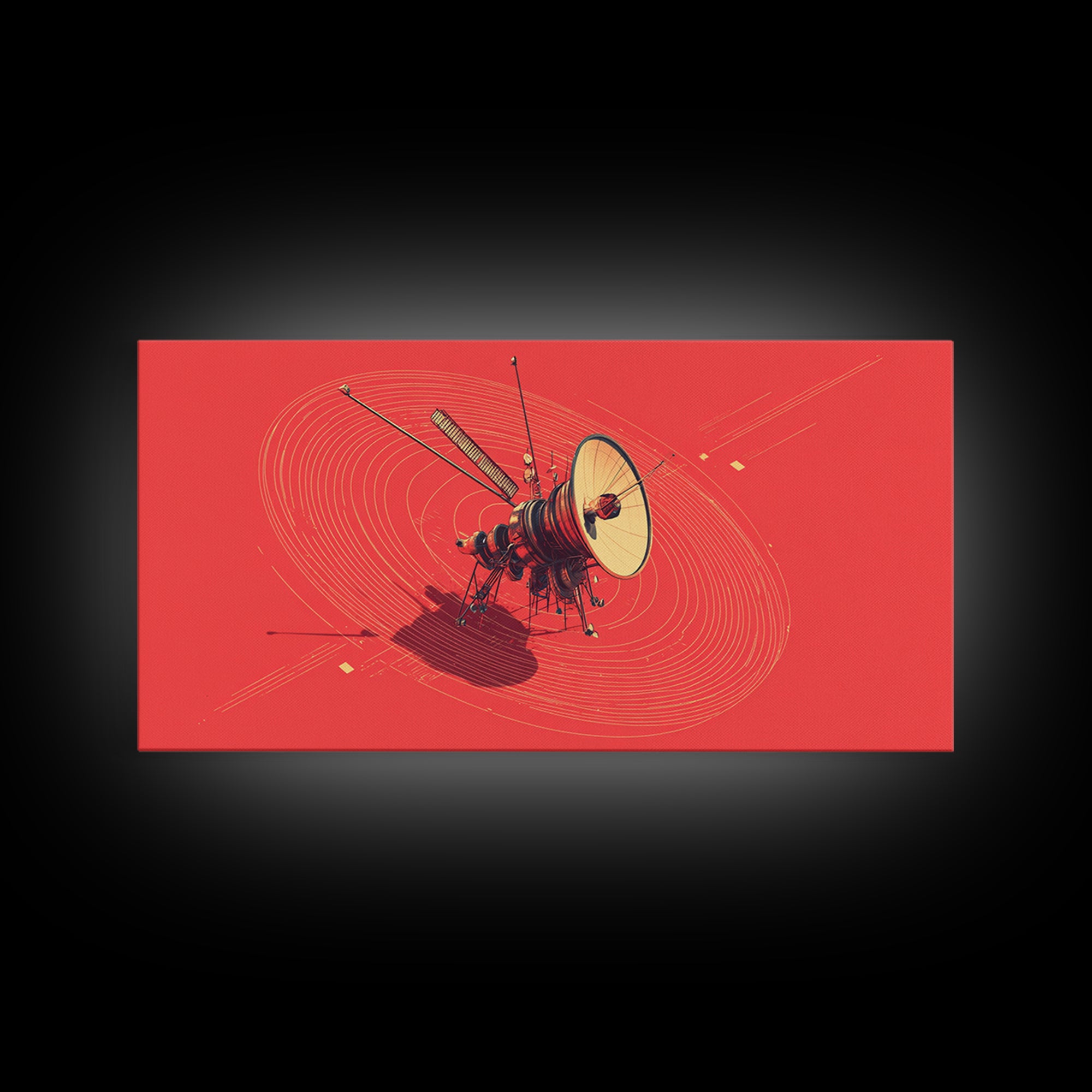 Red Space Probe With Orbital Rings, Mid Century Modern Wall Art, Retro Sci Fi Satellite Poster, Minimalist Space Decor Print
