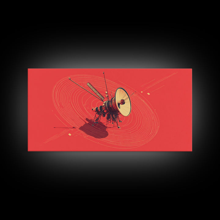 Red Space Probe With Orbital Rings, Mid Century Modern Wall Art, Retro Sci Fi Satellite Poster, Minimalist Space Decor Print