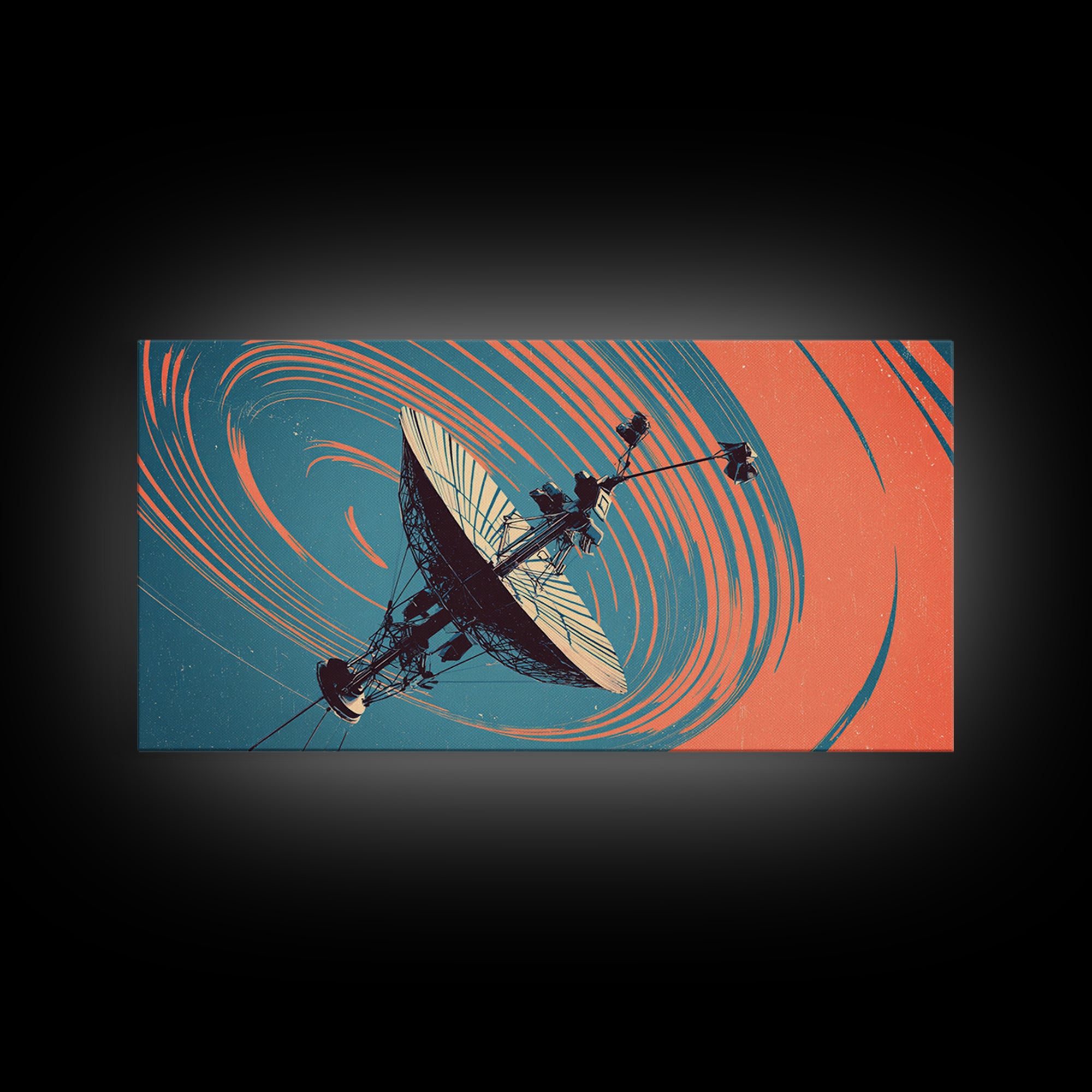 Teal Coral Satellite Dish In Orbit, Mid Century Modern Wall Art, Retro Sci Fi Space Poster, Geometric Abstract Decor Print