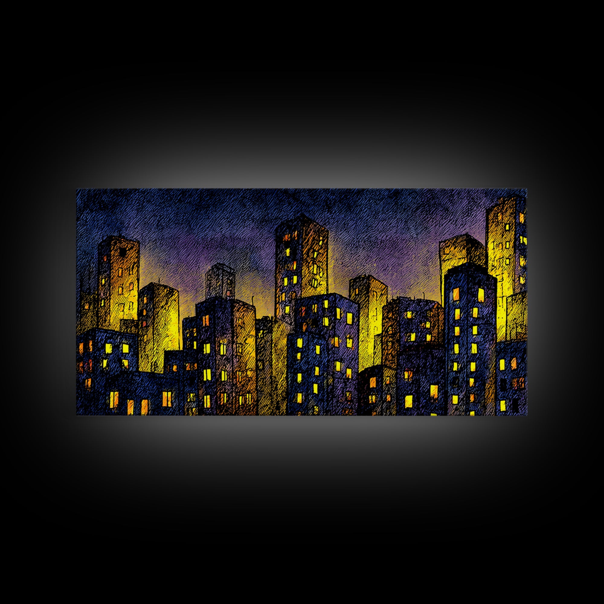 Golden Dusk City Skyline Wall Art, Blue Urban Nightscape, Modern Abstract Art Print, Office Decor, Living Room Wall Decor