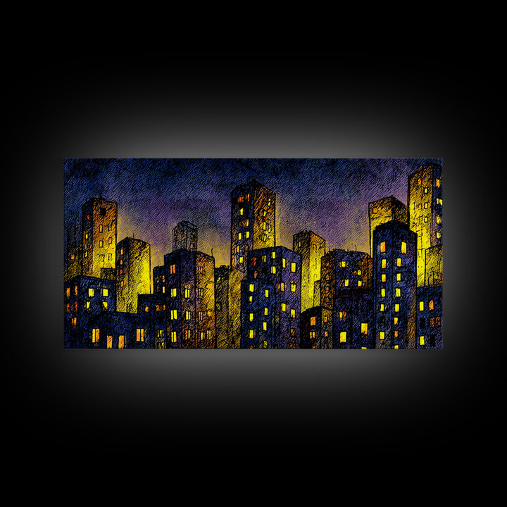 Golden Dusk City Skyline Wall Art, Blue Urban Nightscape, Modern Abstract Art Print, Office Decor, Living Room Wall Decor