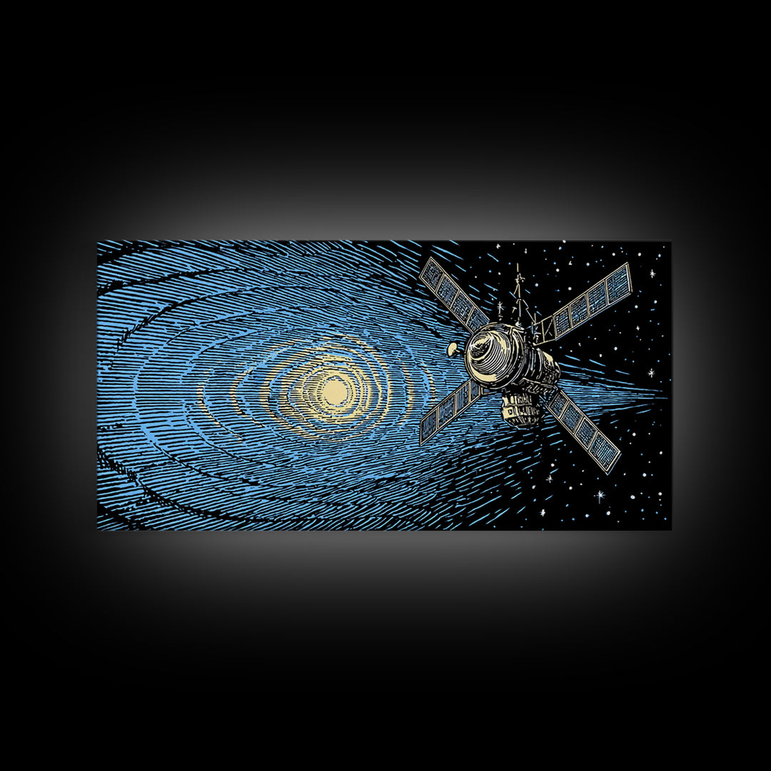 Blue Starfield Satellite With Solar Waves, Mid Century Modern Wall Art, Retro Sci Fi Space Poster, Cosmic Abstract Decor