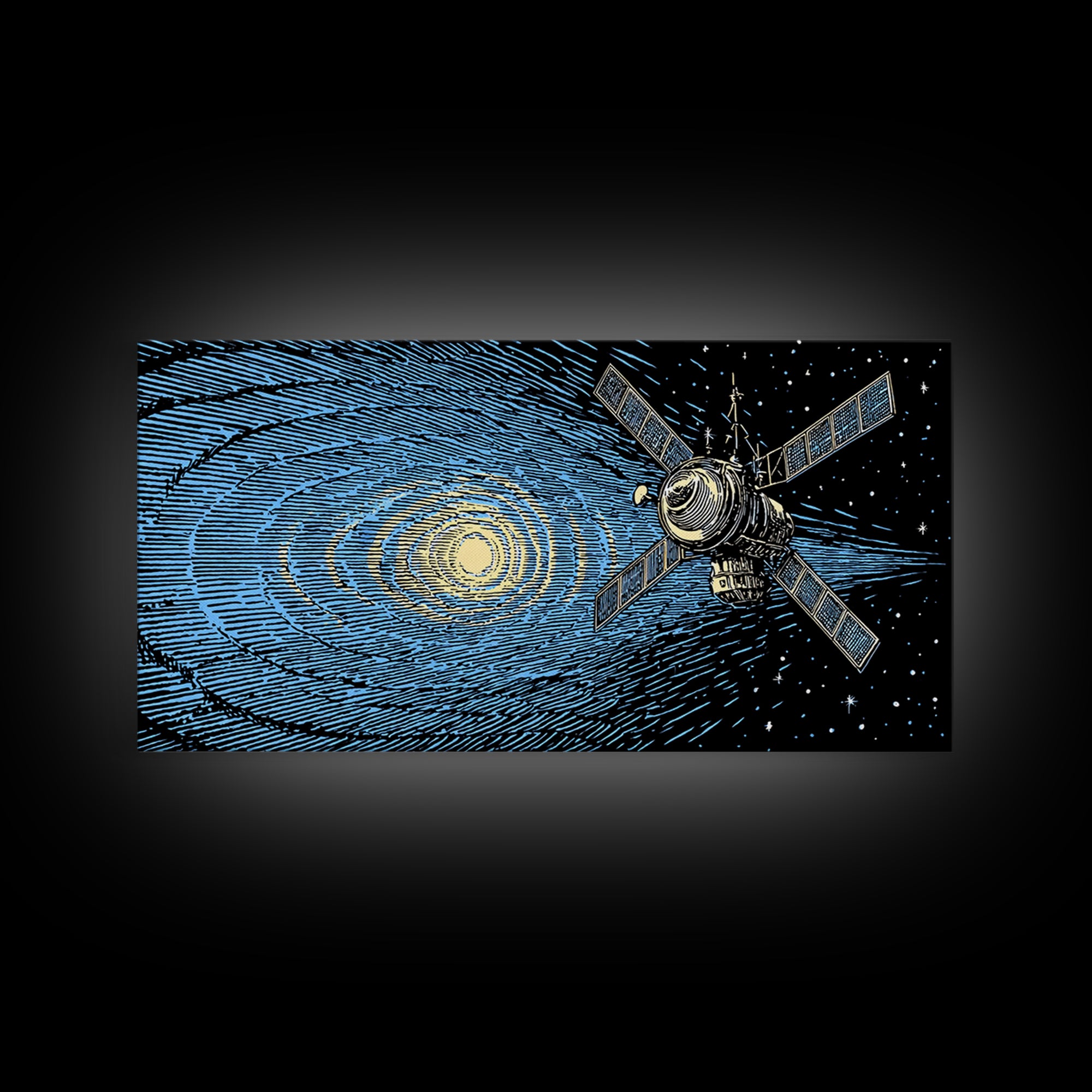 Blue Starfield Satellite With Solar Waves, Mid Century Modern Wall Art, Retro Sci Fi Space Poster, Cosmic Abstract Decor