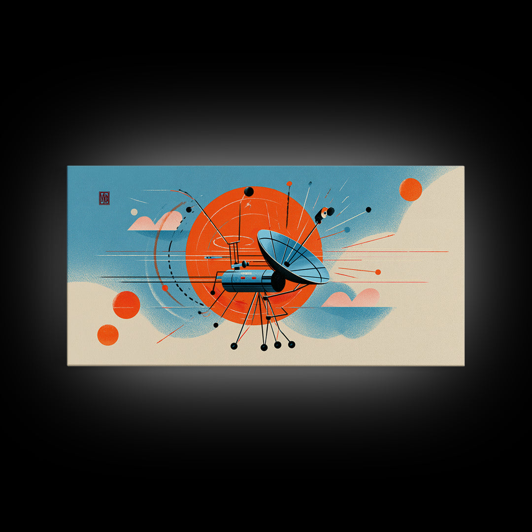 Retro Satellite Dish With Orange Sun Canvas Print, Midcentury Modern Wall Art, Atomic Space Poster, MCM Office Decor Gift