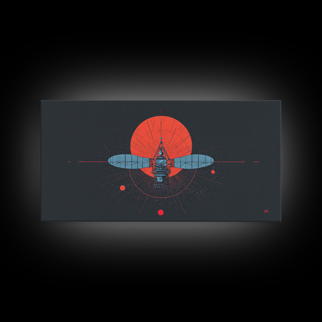 Blueprint Satellite In Crimson Sun Framed Canvas Print, Midcentury Modern Art, Retro Space Wall Decor, Modern Office Poster Gift