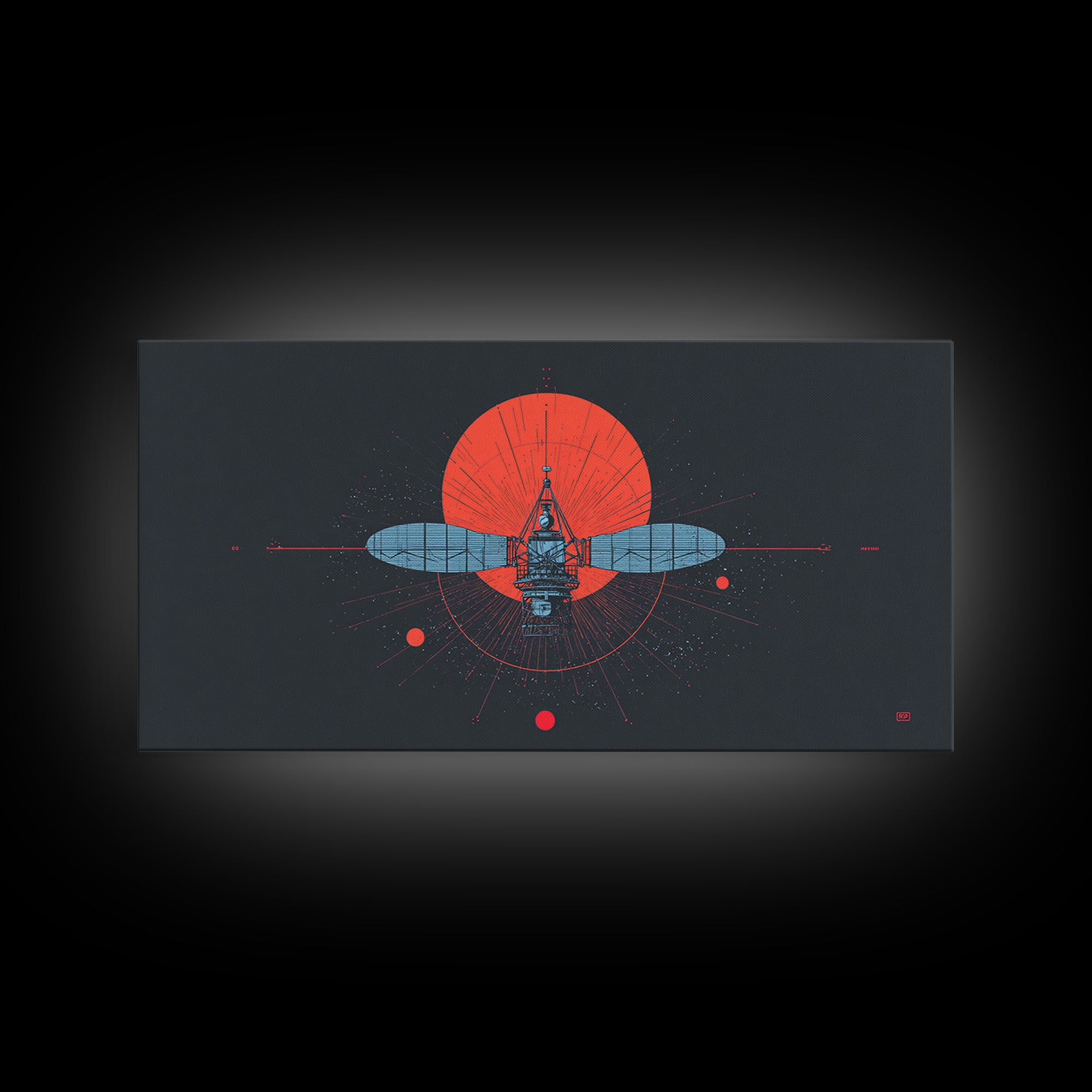 Blueprint Satellite In Crimson Sun Framed Canvas Print, Midcentury Modern Art, Retro Space Wall Decor, Modern Office Poster Gift