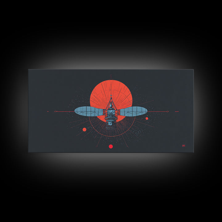 Blueprint Satellite In Crimson Sun Framed Canvas Print, Midcentury Modern Art, Retro Space Wall Decor, Modern Office Poster Gift