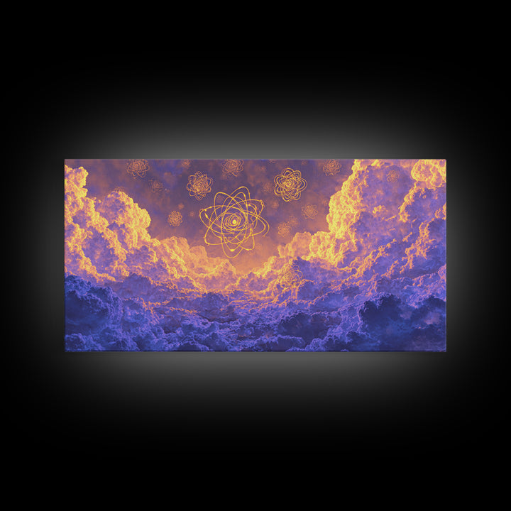 Glowing Atomic Symbols In Purple Clouds Wall Art, Modern Abstract Art Print, Celestial Sky Poster, Colorful Bedroom Decor