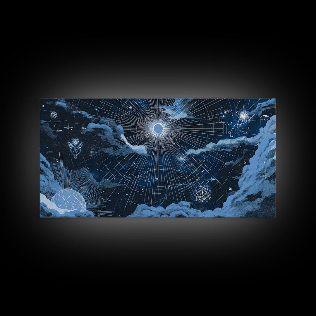 Blue Celestial Grid With Moonlit Clouds Canvas Print, Modern Wall Art, Sci Fi Space Poster, Navy Home Office Decor Gift Print