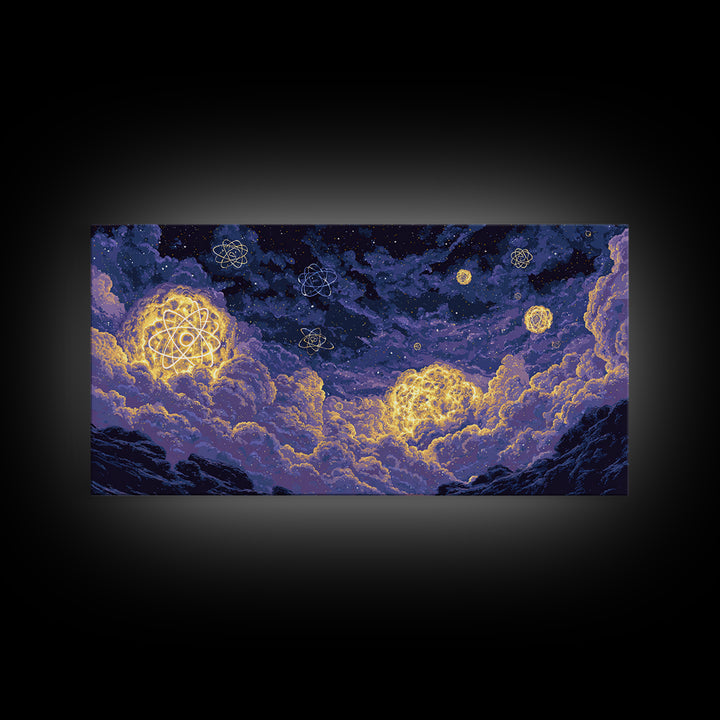 Glowing Atom Clouds In Pixel Night Sky Canvas Print, Modern Abstract Wall Art, Retro Space Poster, Purple Bedroom Decor Gift