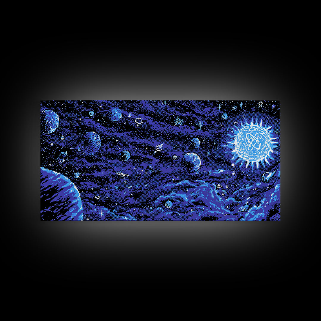 Pixel Space Landscape With Blue Planets Wall Art, Retro Sci Fi Poster, Modern Digital Art Print, Cosmic Game Room Decor Gift