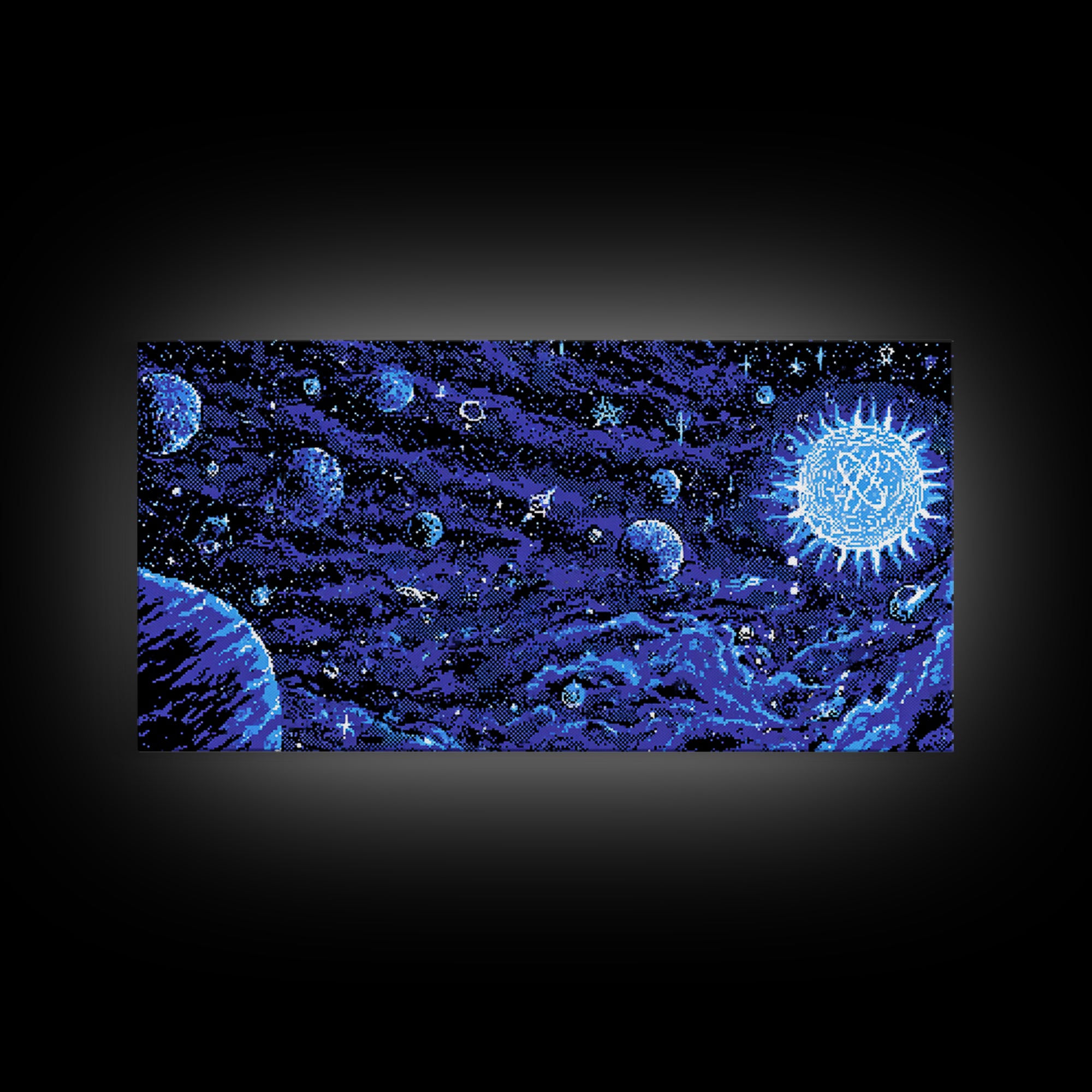 Pixel Space Landscape With Blue Planets Wall Art, Retro Sci Fi Poster, Modern Digital Art Print, Cosmic Game Room Decor Gift