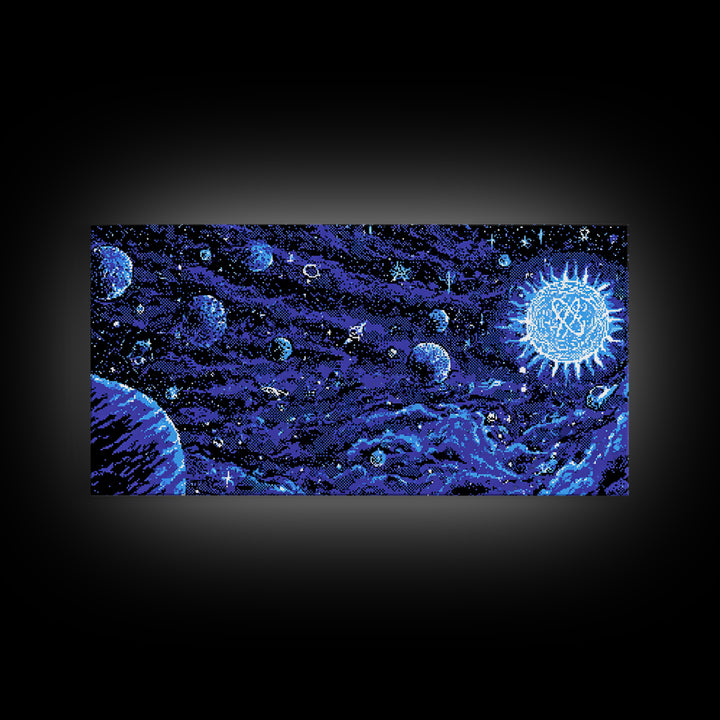 Pixel Space Landscape With Blue Planets Wall Art, Retro Sci Fi Poster, Modern Digital Art Print, Cosmic Game Room Decor Gift