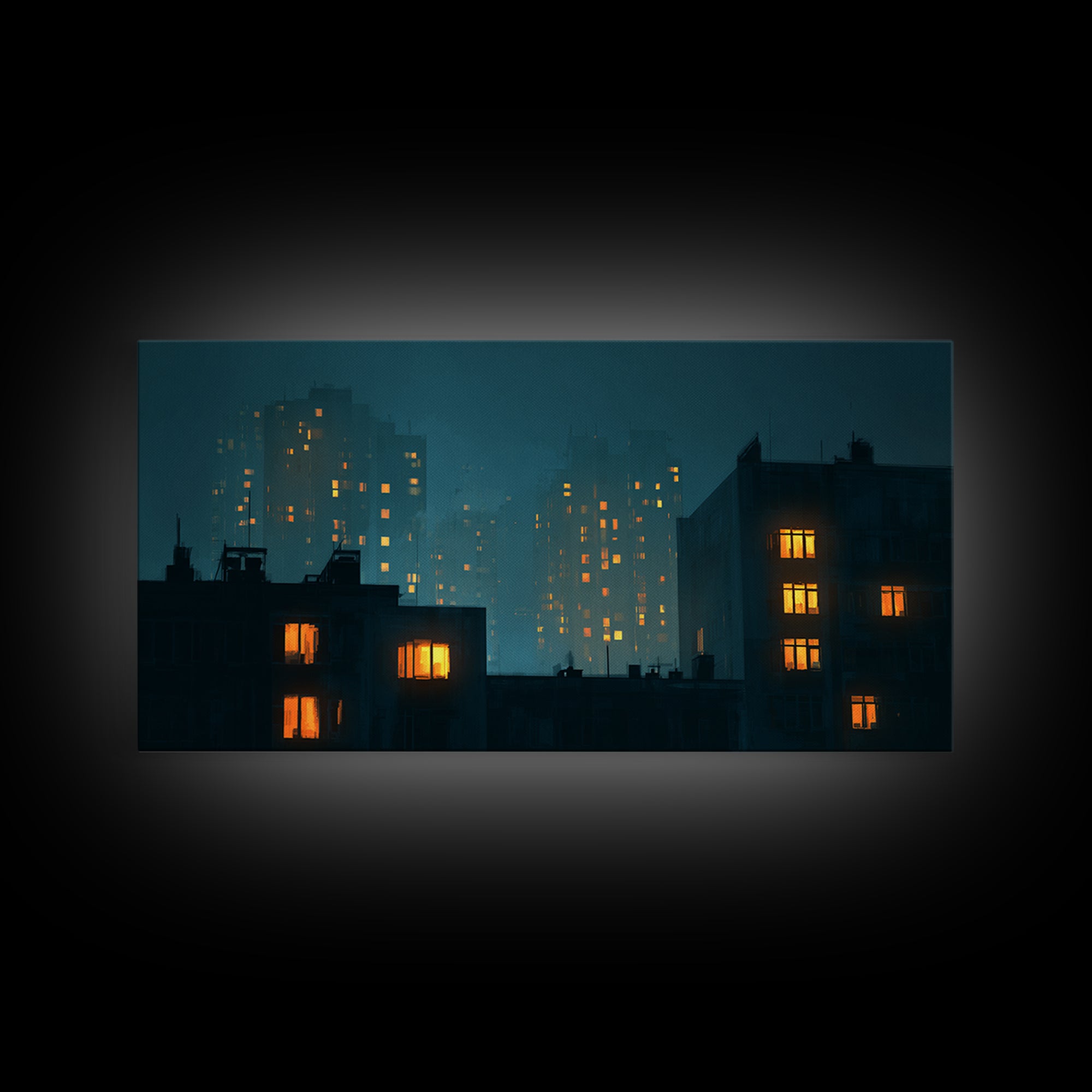 Foggy Teal Apartment Windows Canvas Print, Moody City Nightscape, Modern Wall Art, Urban Bedroom Decor, Home Office Art