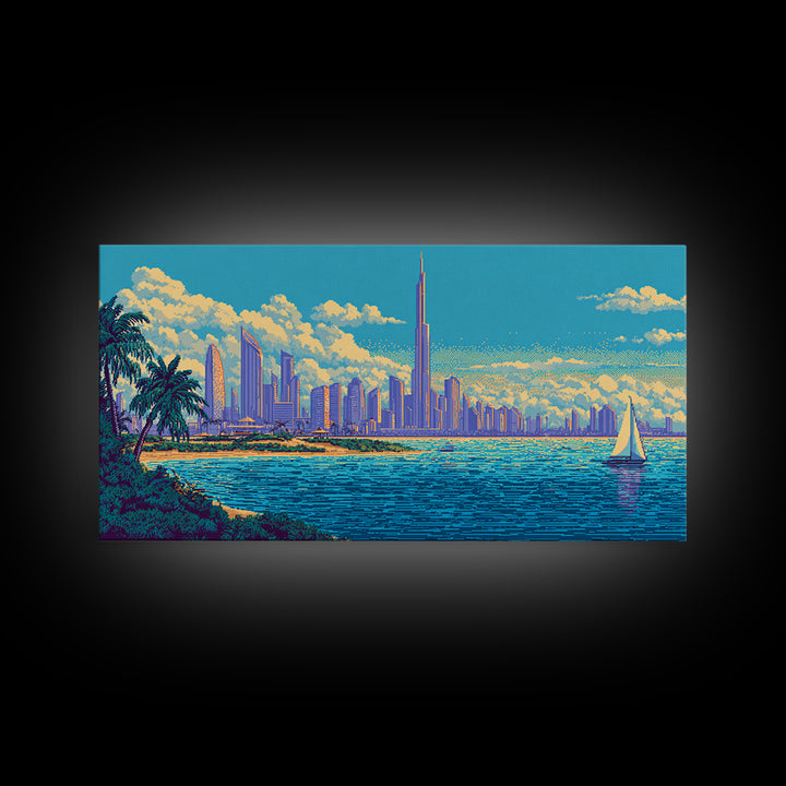 Futuristic Coastal Skyline With Palm Trees Canvas Print, Modern Wall Art, Retro Travel Poster, Tropical Living Room Decor