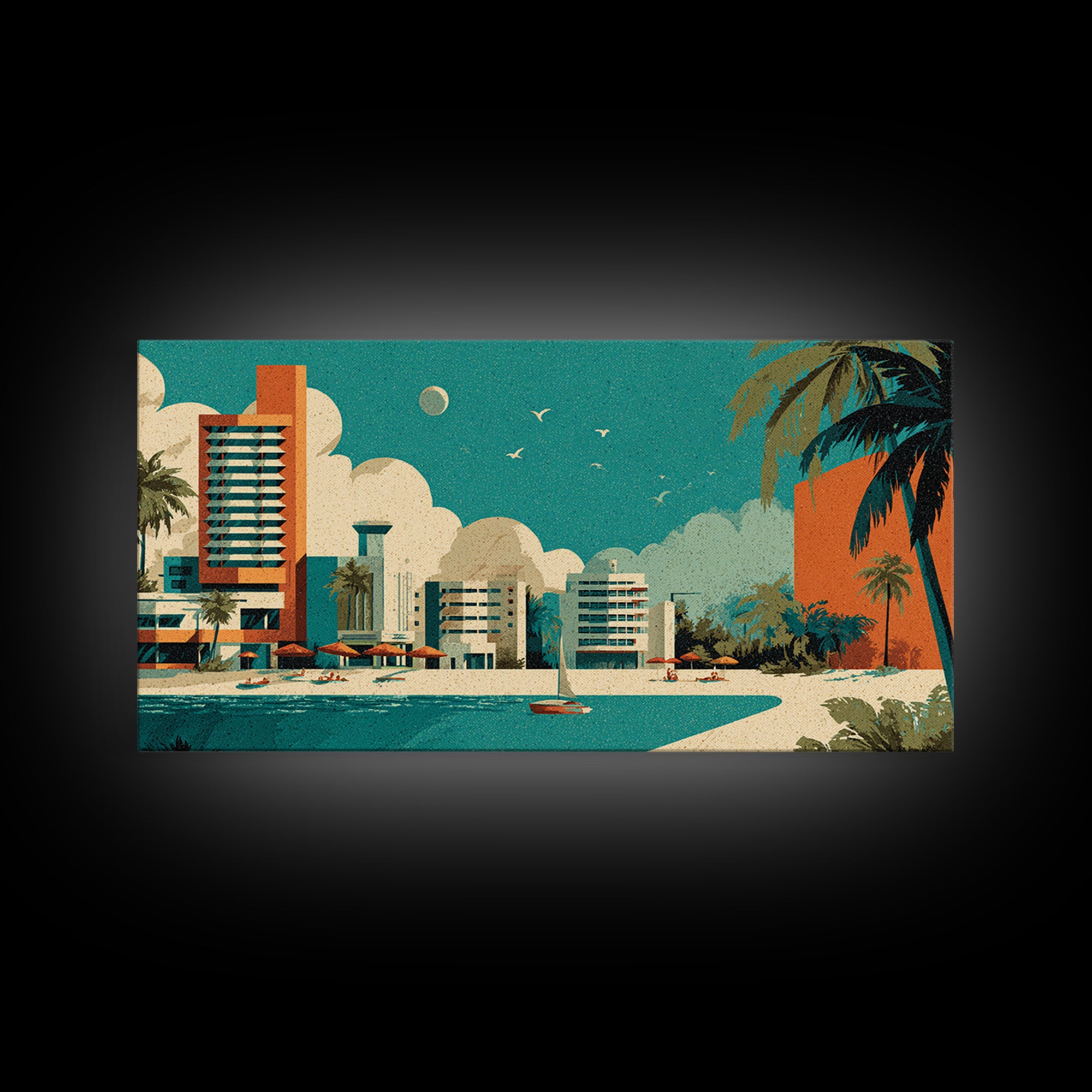 Retro Beachfront Resort With Palms Wall Art, Mid Century Modern Coastal Travel Poster, MCM Decor, Turquoise Lagoon Print