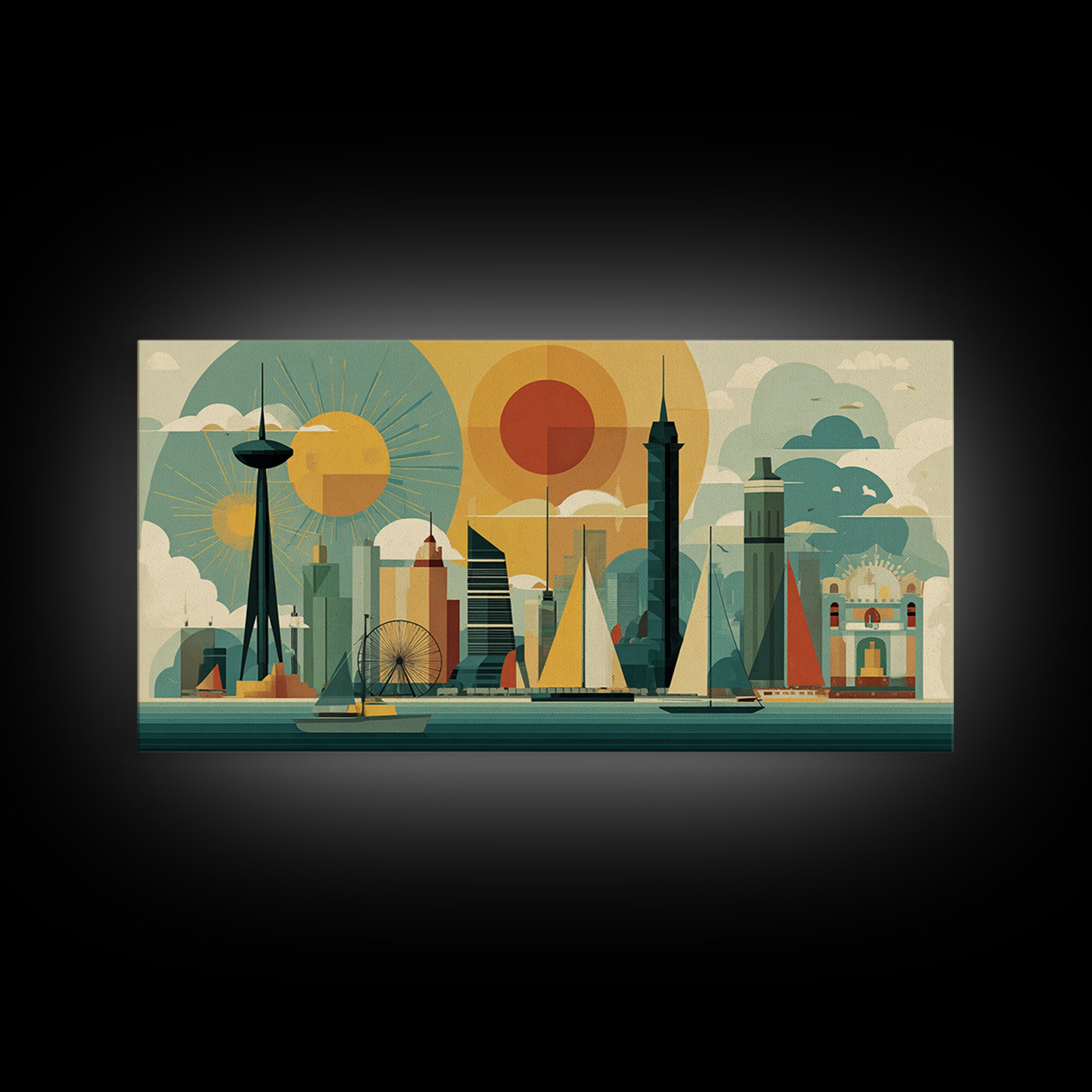Geometric Seattle Skyline With Space Needle Canvas Print, Mid Century Modern Cityscape Wall Decor, Retro Travel Poster Art