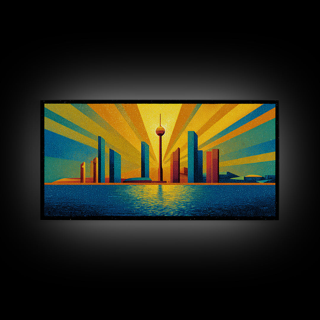 Bold Seattle Skyline Sunrise Wall Art, Mid Century Modern Abstract Cityscape, Space Needle Poster, Retro Geometric Decor