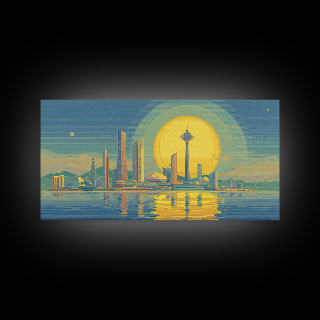 Golden Seattle Skyline At Sunset Framed Canvas Print, Mid Century Modern Wall Art, Futuristic Cityscape Poster, MCM Home Decor