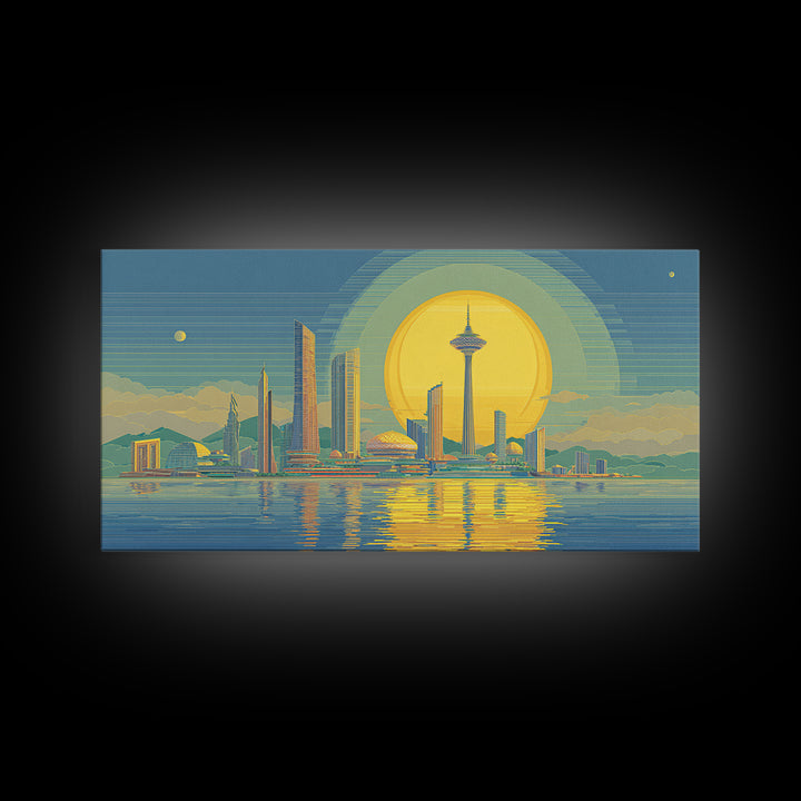 Golden Seattle Skyline At Sunset Framed Canvas Print, Mid Century Modern Wall Art, Futuristic Cityscape Poster, MCM Home Decor