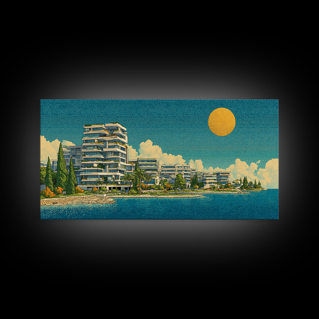 Modern Lakeside Condos With Golden Sun Wall Art, Mid Century Modern Coastal Decor, Mediterranean Lake House Architecture Print