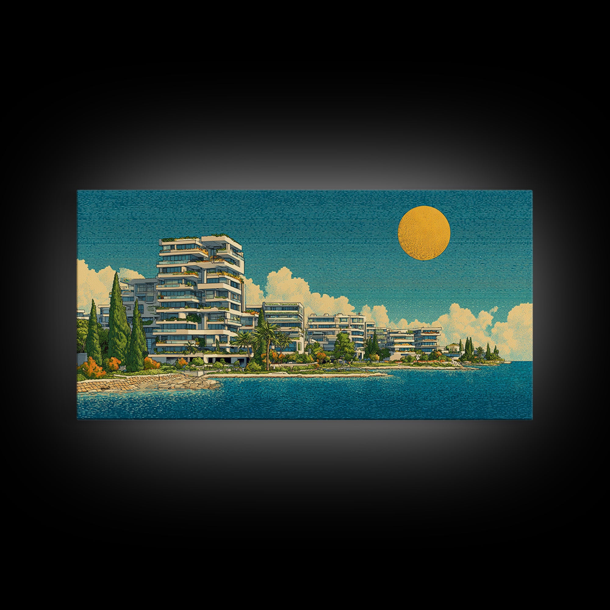 Modern Lakeside Condos With Golden Sun Wall Art, Mid Century Modern Coastal Decor, Mediterranean Lake House Architecture Print