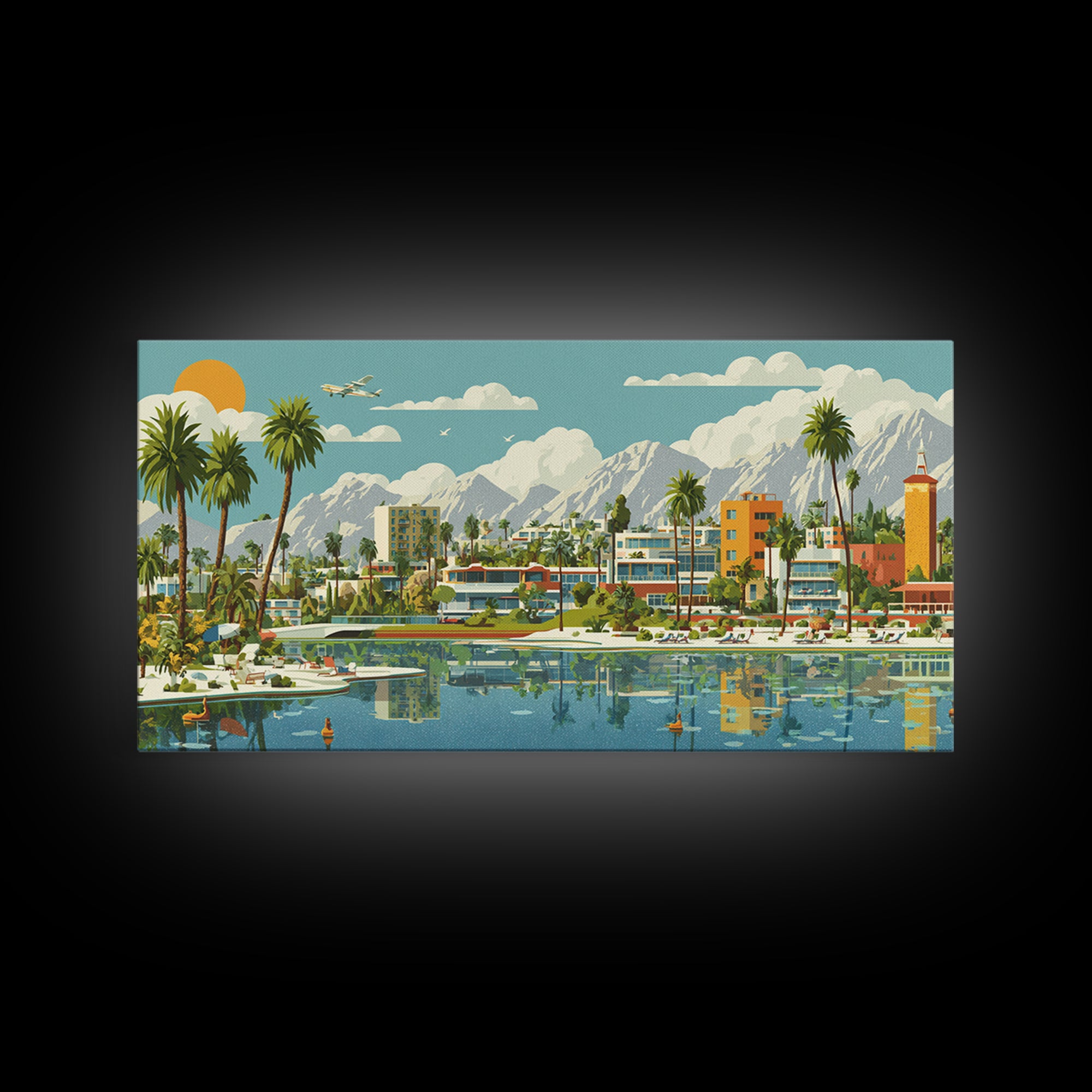 Palm Springs Lagoon With Palms And Mountains Wall Art, Mid Century Modern Desert Travel Poster, Colorful MCM Home Decor Print