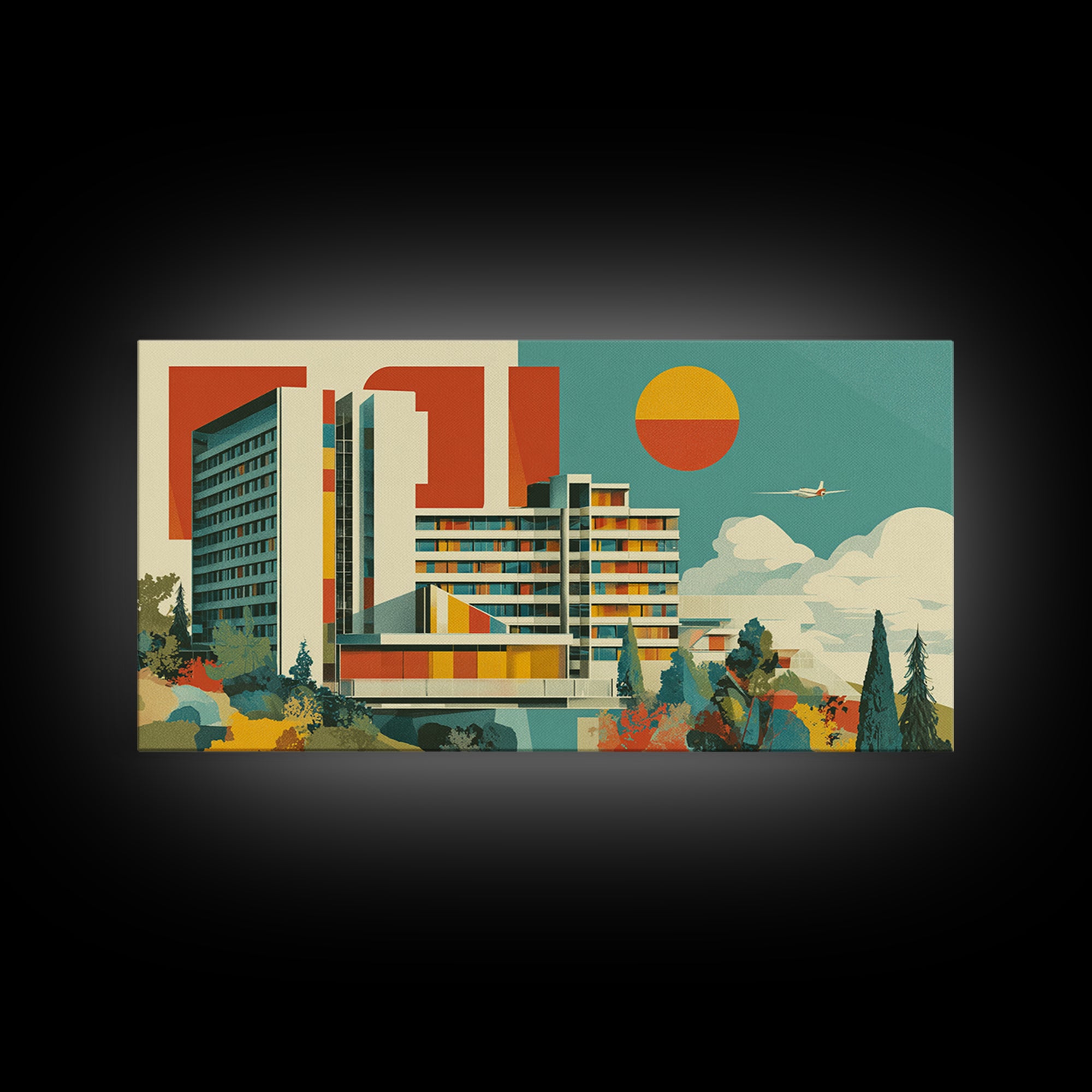 Bauhaus Modernist Hotel Architecture Canvas Print, Mid Century Modern Wall Art, Geometric Orange Sun Poster, MCM Decor Print