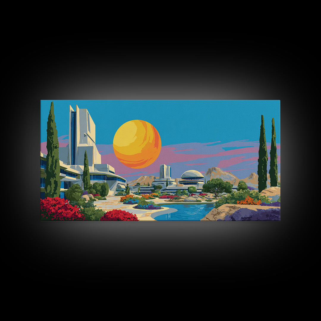 Futuristic Desert Resort With Pool And Giant Sun Wall Art, Mid Century Modern Landscape Poster, Retro Sci Fi Architecture Decor