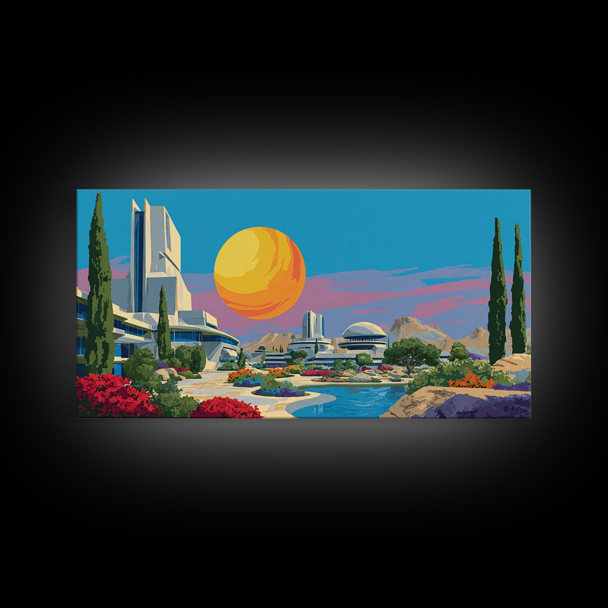 Futuristic Desert Resort With Pool And Giant Sun Wall Art, Mid Century Modern Landscape Poster, Retro Sci Fi Architecture Decor