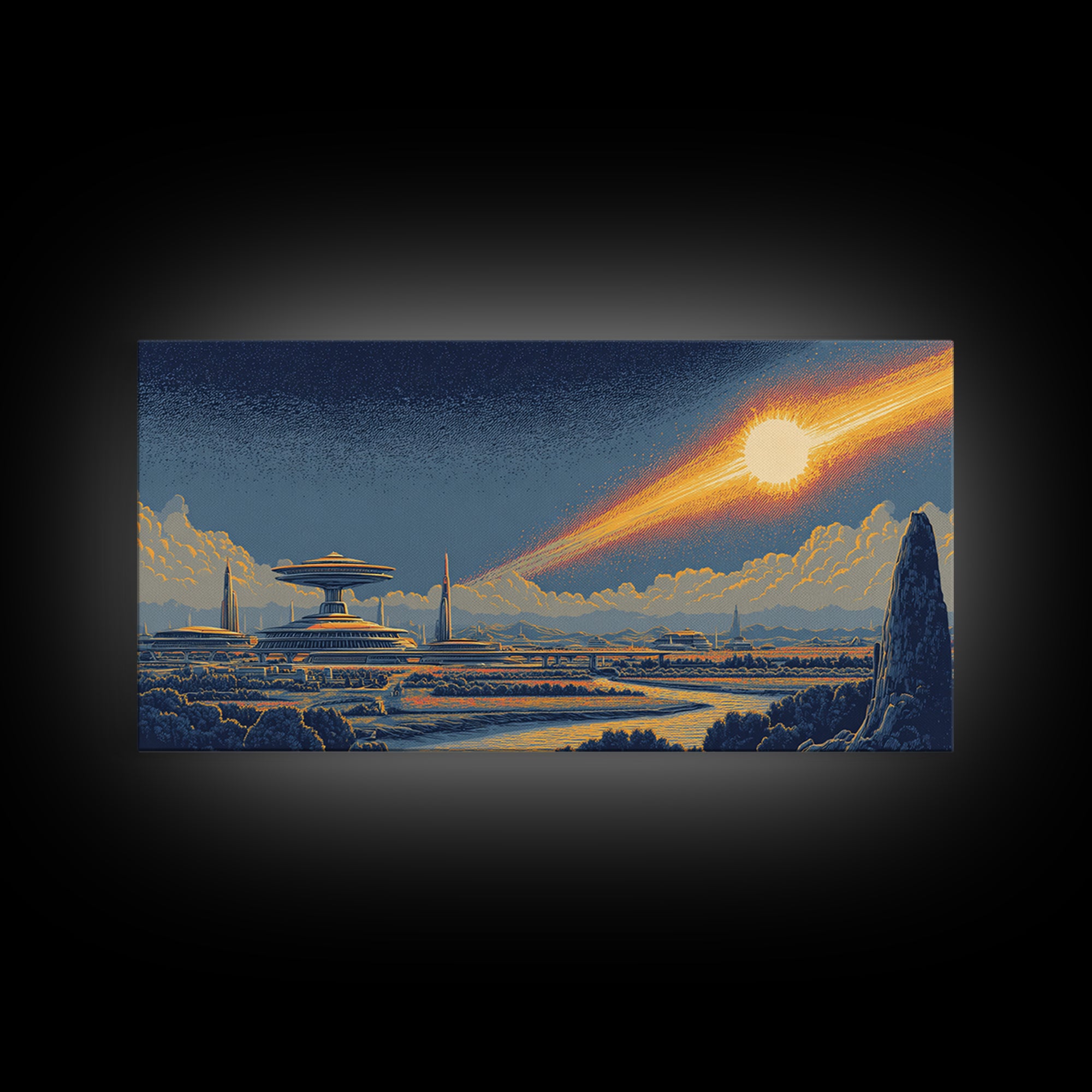 Retro Futuristic City With Meteor And Spaceport Canvas Print, Mid Century Modern Sci Fi Wall Art, Cosmic Skyline Poster Decor