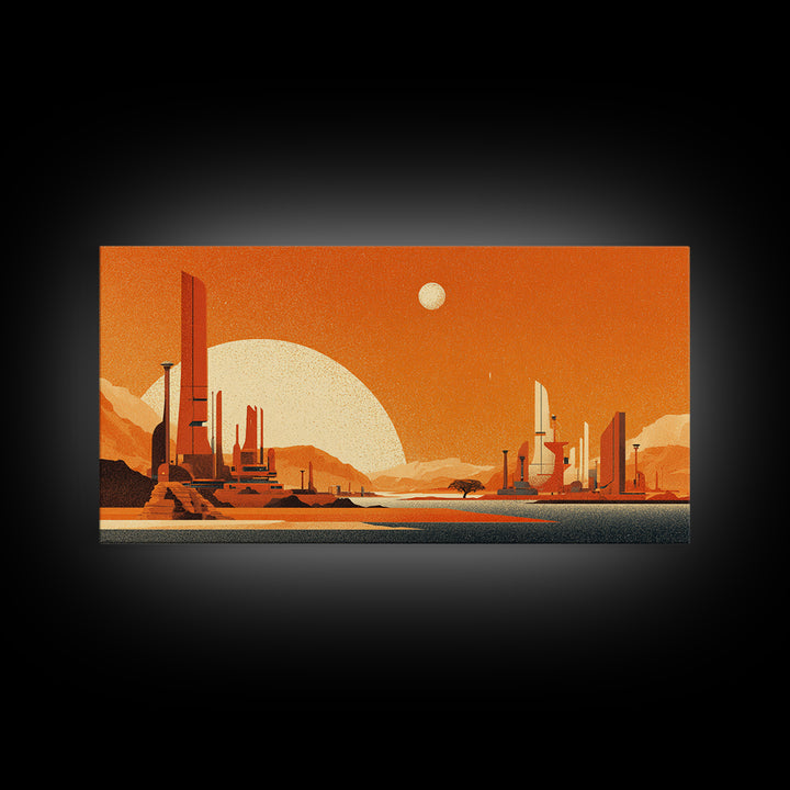Orange Futuristic Desert City Wall Art, Midcentury Modern Sci Fi Landscape, Retro Space Poster, MCM Living Room Decor, Orange Art Print