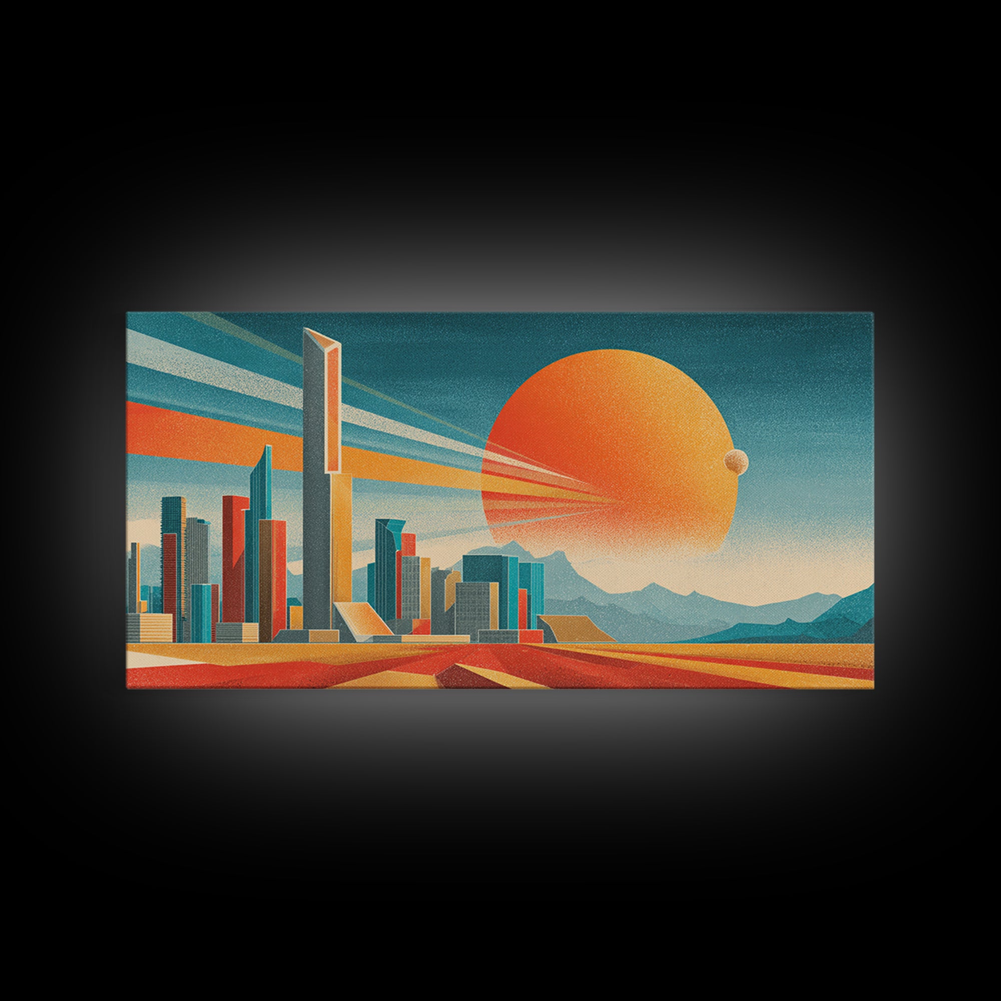Teal Orange Futuristic Skyline Canvas Print, Midcentury Modern Cityscape, Retro Space Poster, Modern Wall Decor, Large MCM Art