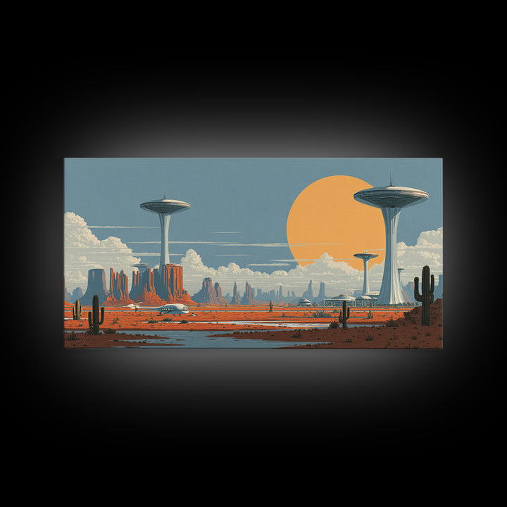 Alien Desert UFO Towers Framed Canvas Print, Midcentury Modern Sci Fi Landscape, Retro Wall Art, Cactus Decor, MCM Poster