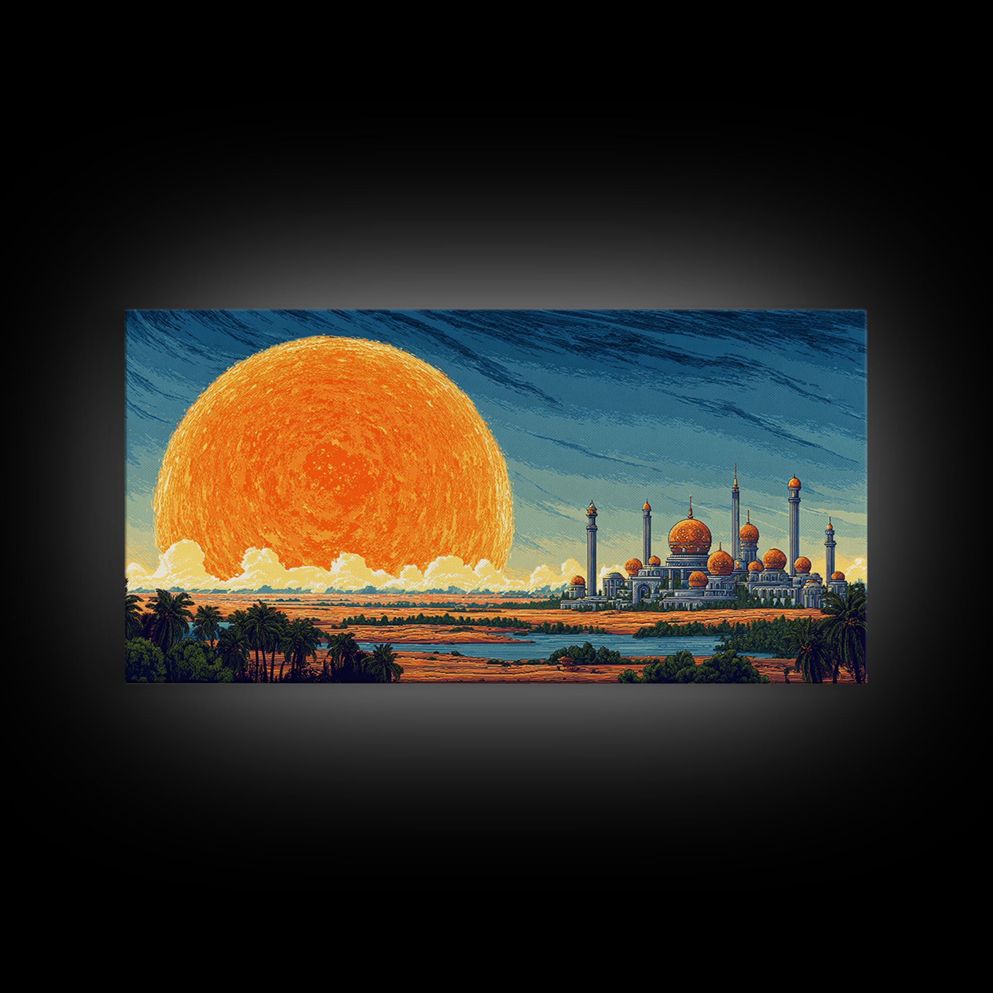 Giant Sun Desert Palace Wall Art, Midcentury Modern Landscape, Islamic Architecture Poster, Orange Blue Living Room Decor