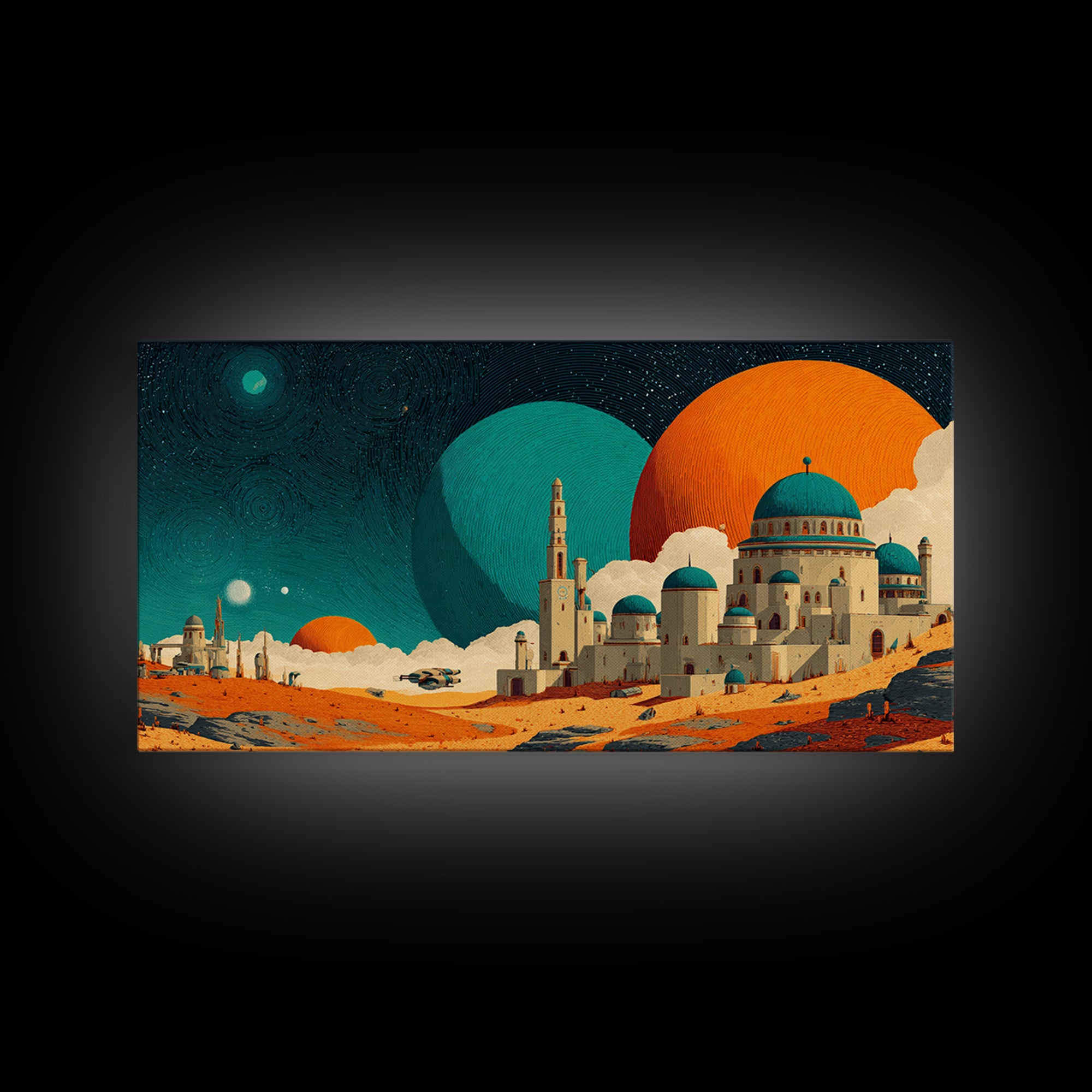 Teal Planet Desert Dome City Canvas Print, Midcentury Modern Sci Fi Wall Art, Retro Space Poster, Orange MCM Home Decor Art