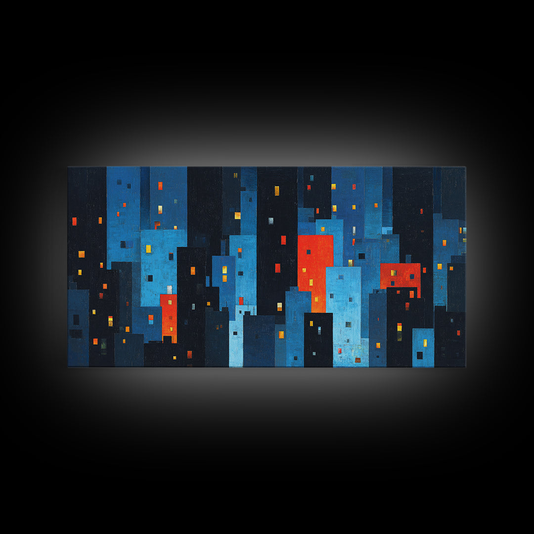 Red And Blue Abstract City Canvas Print, Blocky Urban Skyline, Midcentury Modern Art, Geometric Wall Decor, Home Office Art Print