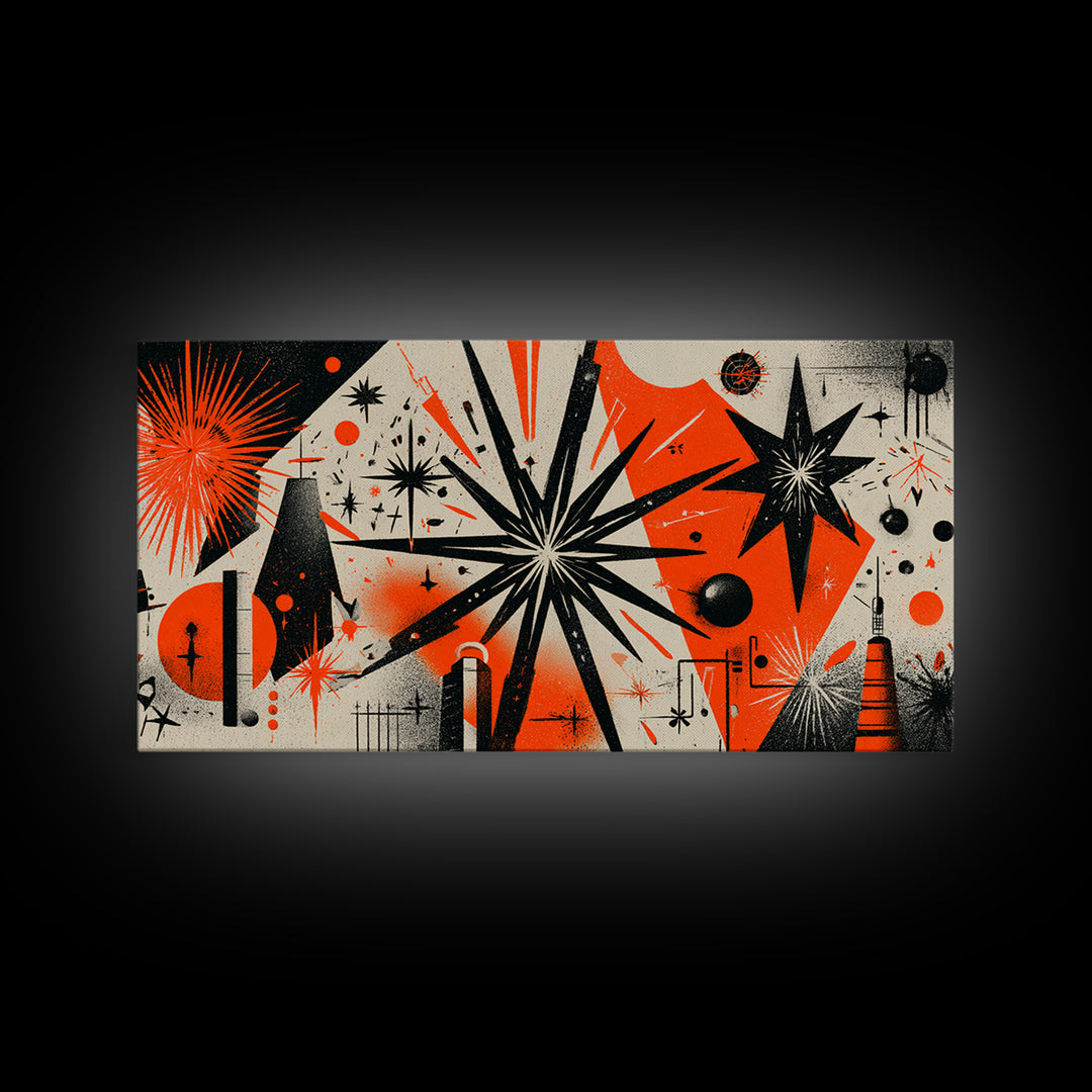 Orange Black Atomic Starburst Wall Art, Midcentury Modern Abstract, Retro 50s Space Age Poster, MCM Geometric Wall Decor