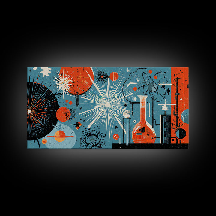 Blue Orange Atomic Laboratory Wall Art, Midcentury Modern Art Print, Retro Science Poster, Geometric MCM Home Decor, Living Room Decor